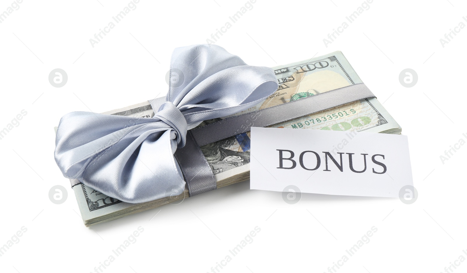 Dollar banknotes and card with word Bonus isolated on white Photo of Dollar banknotes and card with word Bonus isolated on white