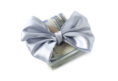 Photo of Money bonus. Dollar banknotes with bow isolated on white