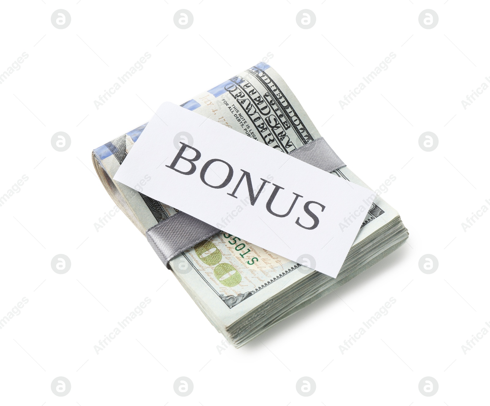 Dollar banknotes and card with word Bonus isolated on white Photo of Dollar banknotes and card with word Bonus isolated on white