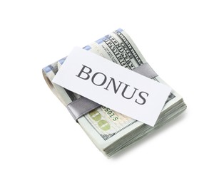 Photo of Dollar banknotes and card with word Bonus isolated on white