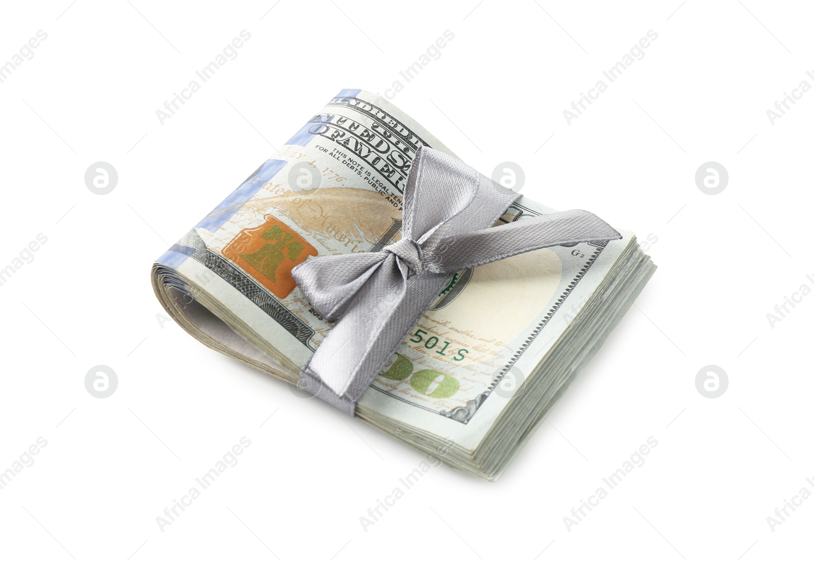 Money bonus. Dollar banknotes with bow isolated on white Photo of Money bonus. Dollar banknotes with bow isolated on white