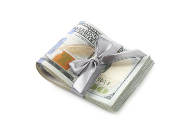 Photo of Money bonus. Dollar banknotes with bow isolated on white
