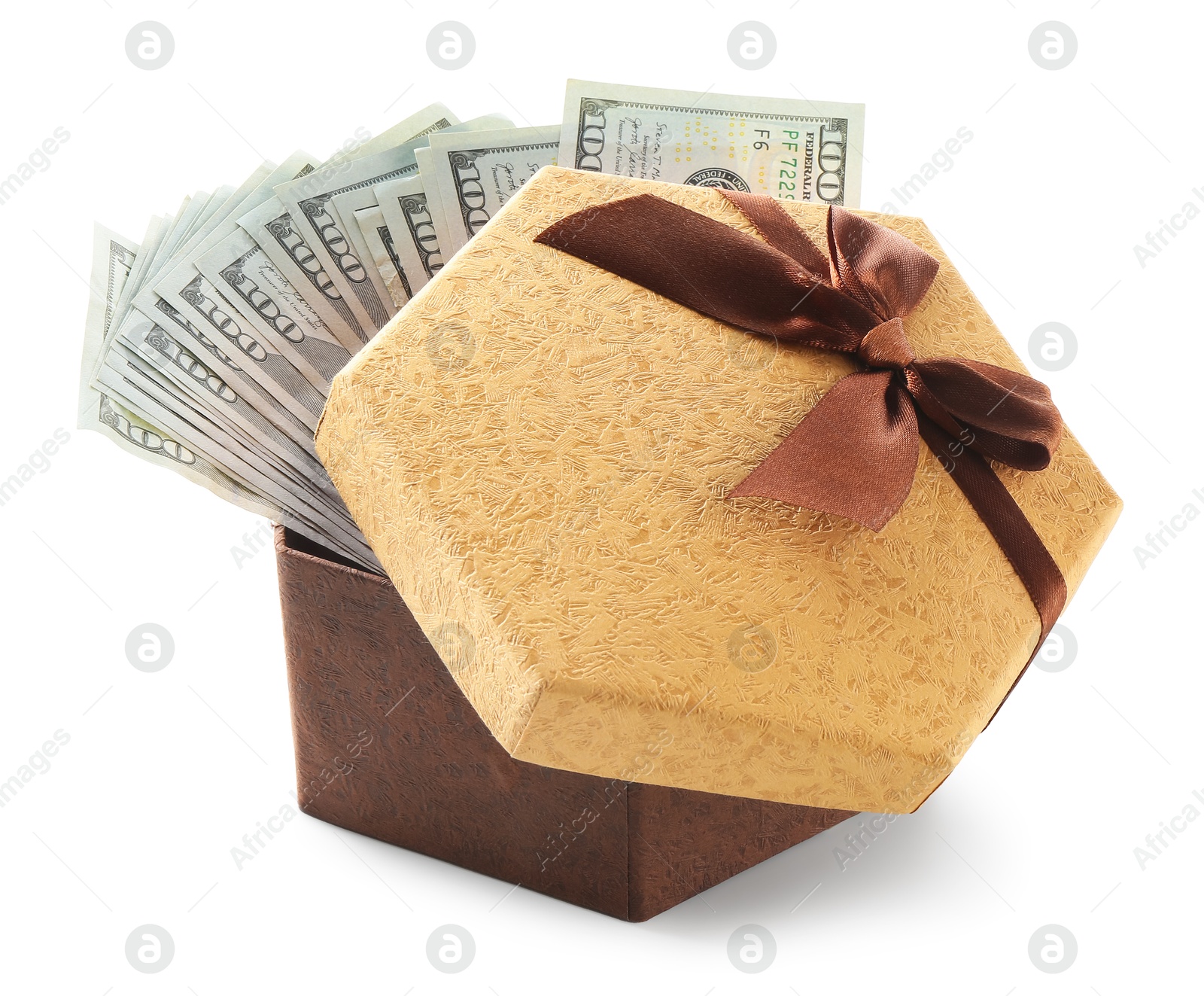 Money bonus. Gift box with dollar banknotes isolated on white Photo of Money bonus. Gift box with dollar banknotes isolated on white