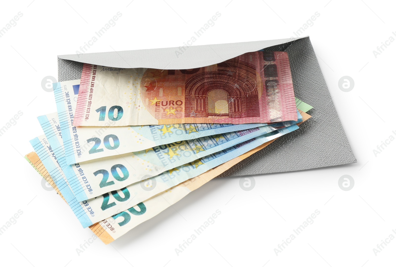 Money bonus. Envelope with euro banknotes isolated on white Photo of Money bonus. Envelope with euro banknotes isolated on white