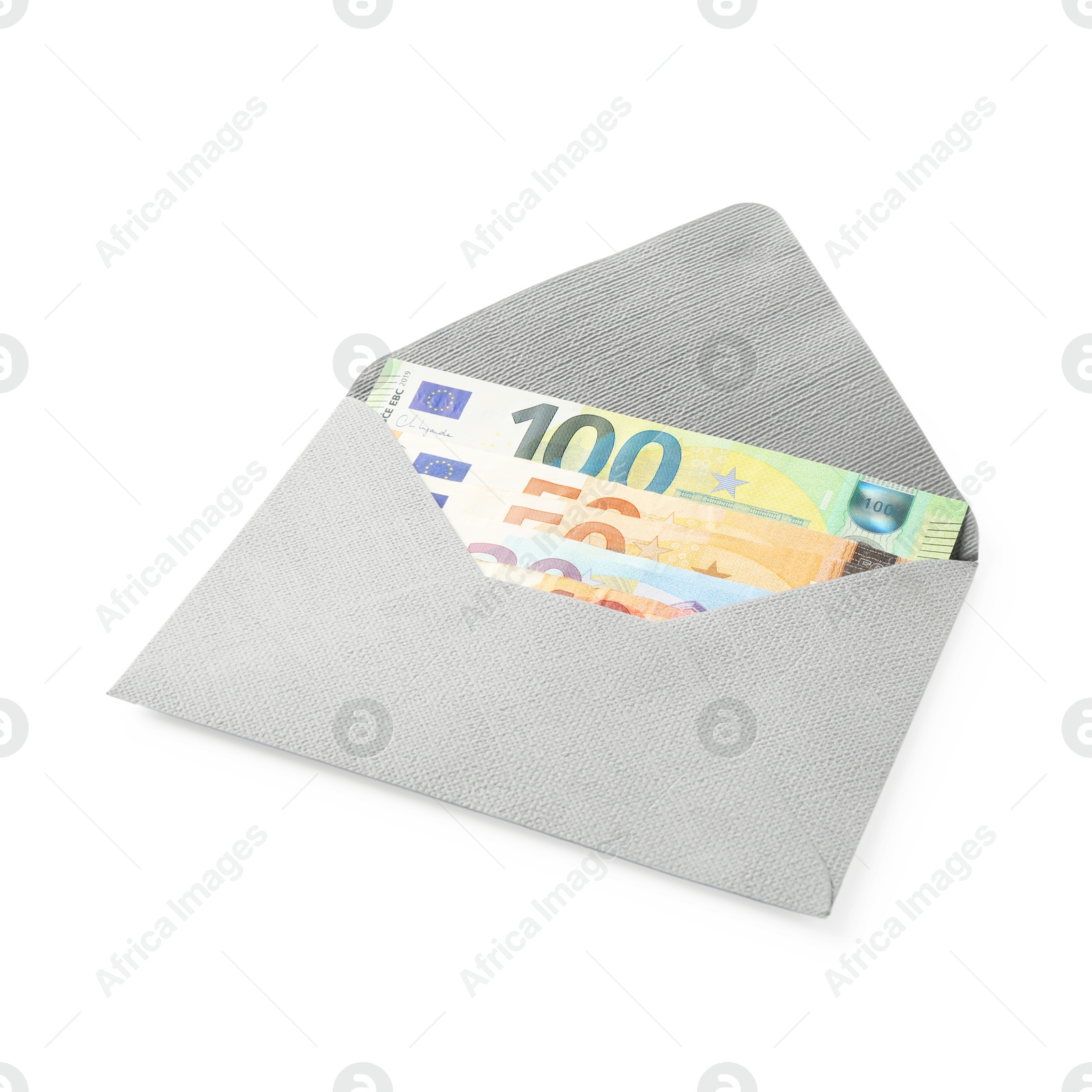 Photo of Money bonus. Envelope with euro banknotes isolated on white