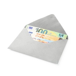 Photo of Money bonus. Envelope with euro banknotes isolated on white