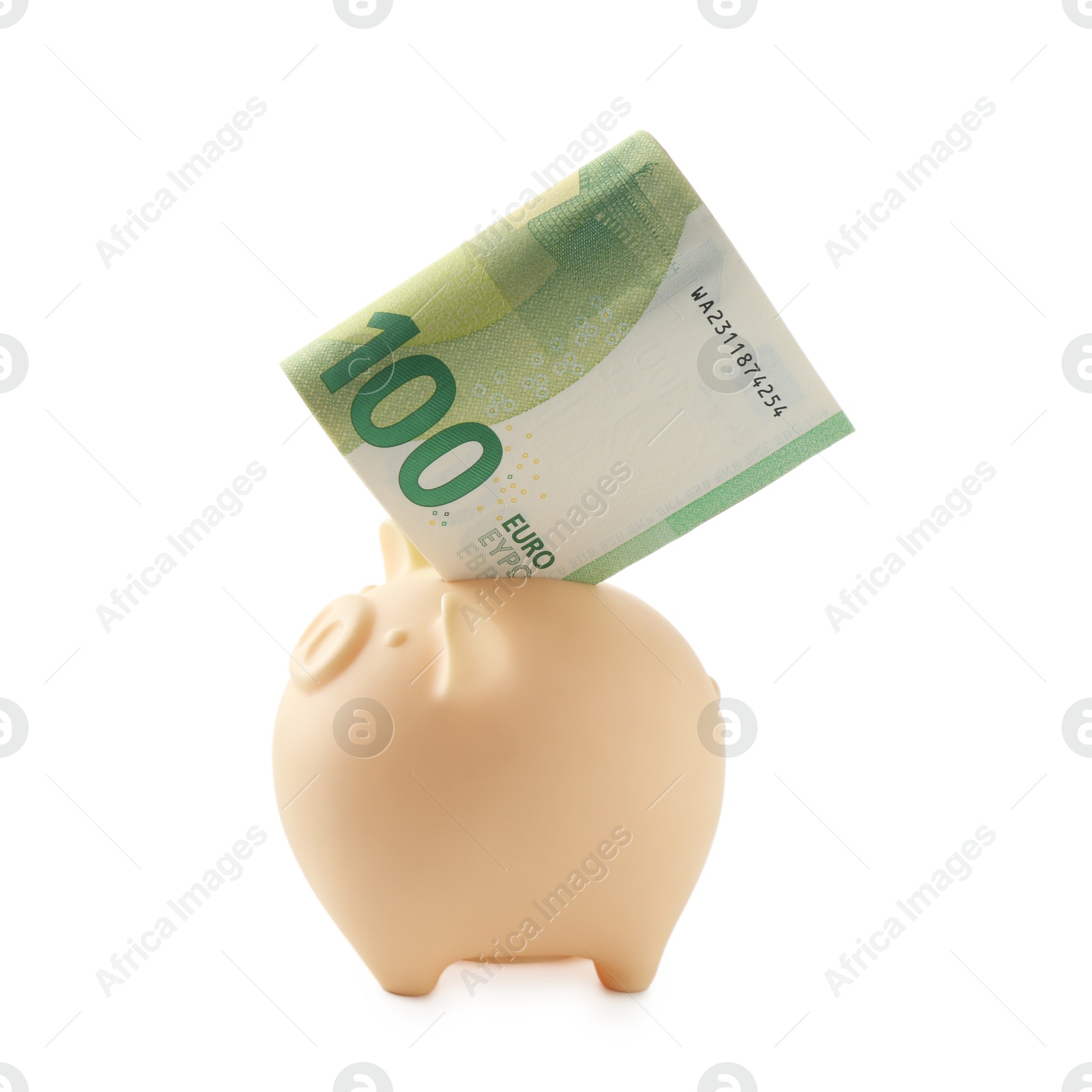 Photo of Money bonus. Piggybank with euro banknotes isolated on white