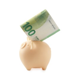 Photo of Money bonus. Piggybank with euro banknotes isolated on white