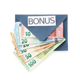 Photo of Envelope with word Bonus and euro banknotes isolated on white, top view