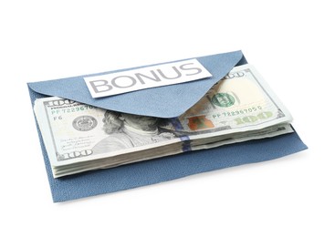 Photo of Envelope with word Bonus and dollar banknotes isolated on white
