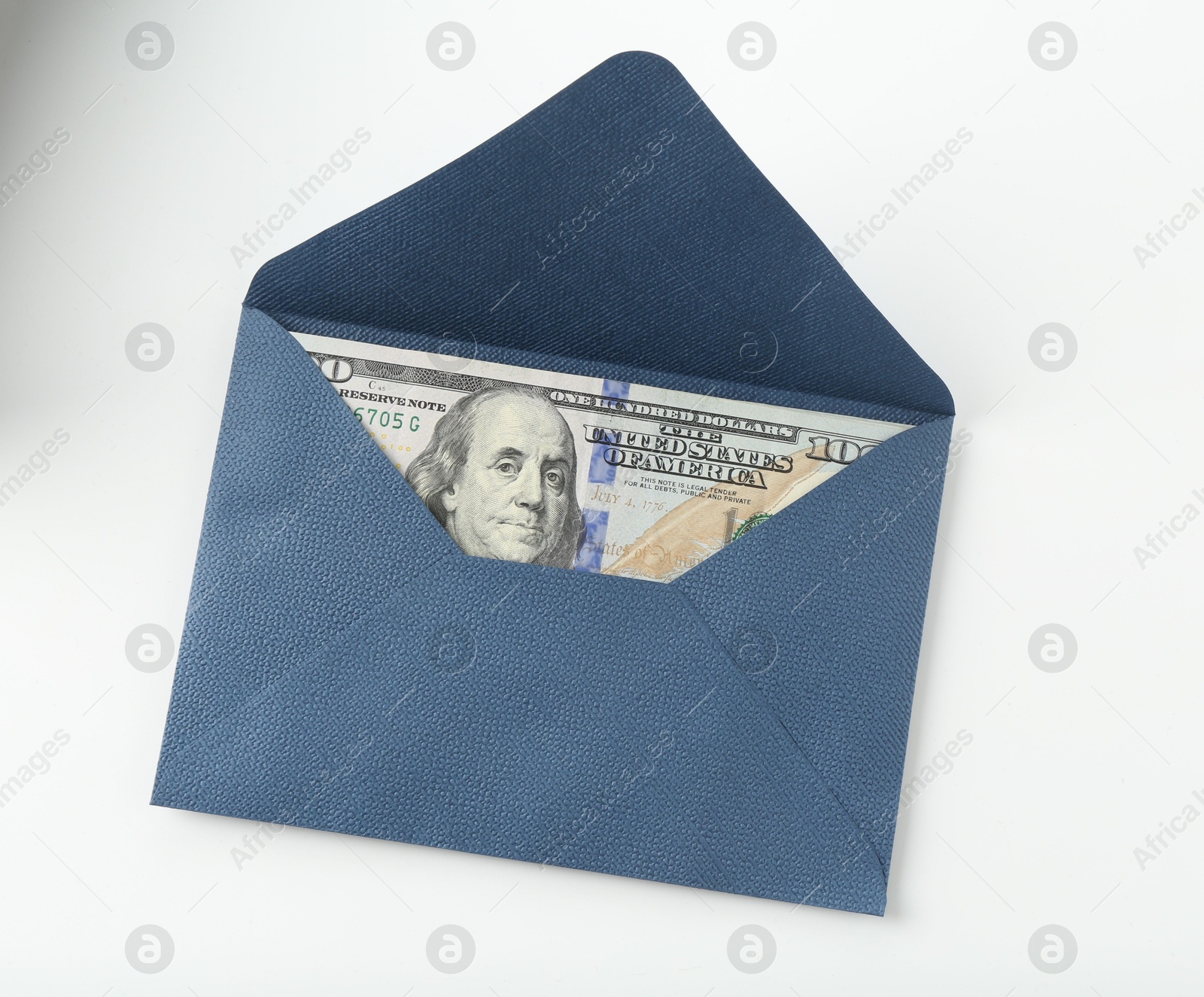 Money bonus. Envelope with dollar banknotes isolated on white, top view Photo of Money bonus. Envelope with dollar banknotes isolated on white, top view