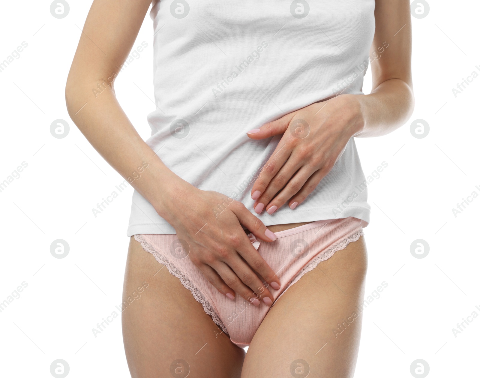 Woman wearing beautiful underwear on white background, closeup Photo of Woman wearing beautiful underwear on white background, closeup