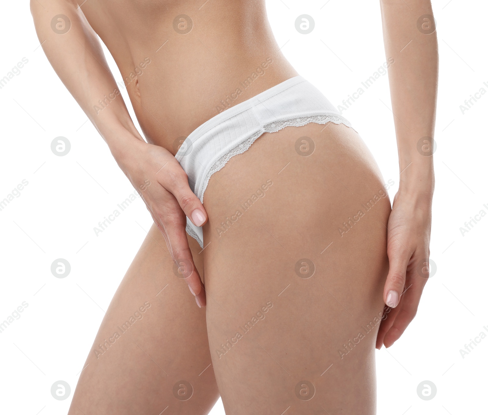 Woman wearing beautiful underwear on white background, closeup Photo of Woman wearing beautiful underwear on white background, closeup