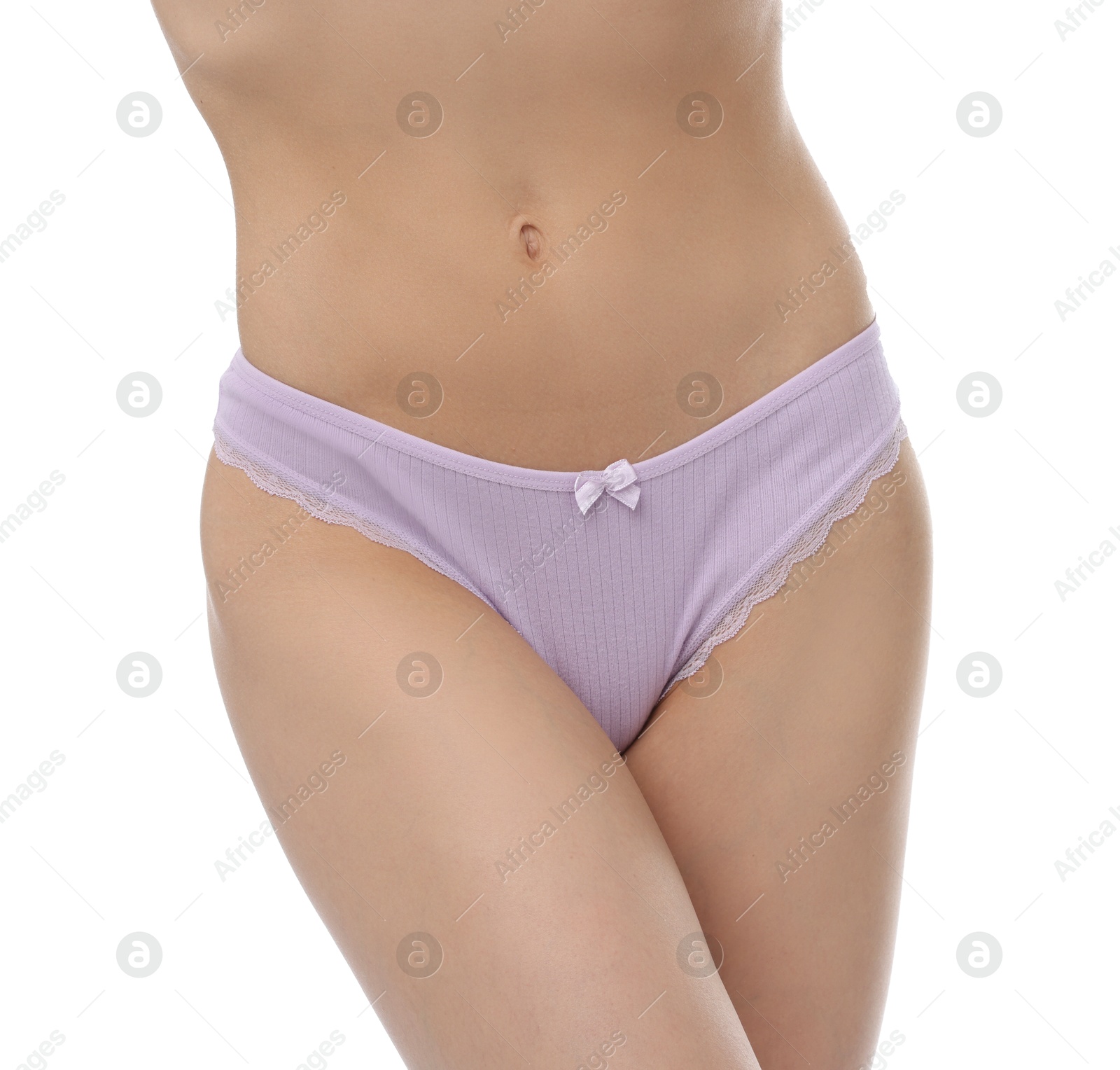 Woman wearing beautiful underwear on white background, closeup Photo of Woman wearing beautiful underwear on white background, closeup