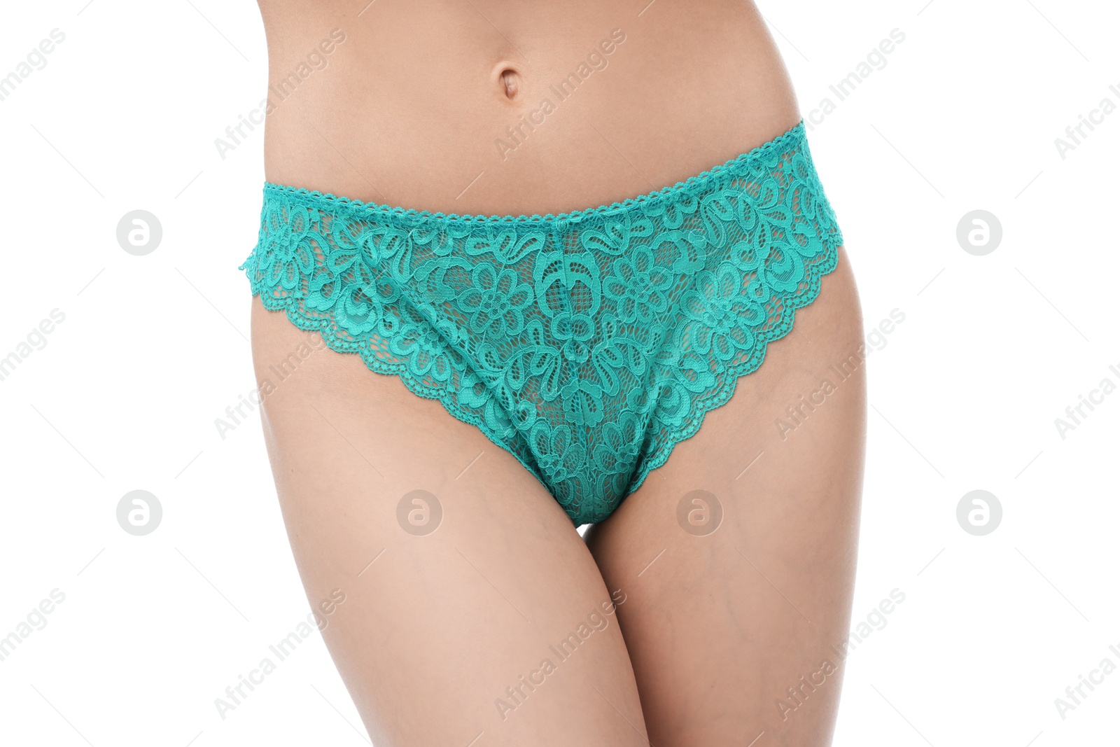 Woman wearing beautiful underwear on white background, closeup Photo of Woman wearing beautiful underwear on white background, closeup