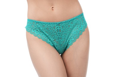Photo of Woman wearing beautiful underwear on white background, closeup
