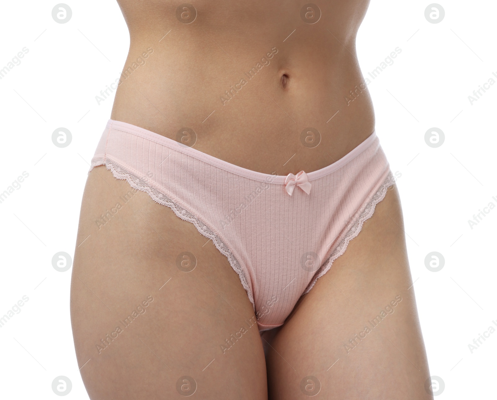 Woman wearing beautiful underwear on white background, closeup Photo of Woman wearing beautiful underwear on white background, closeup