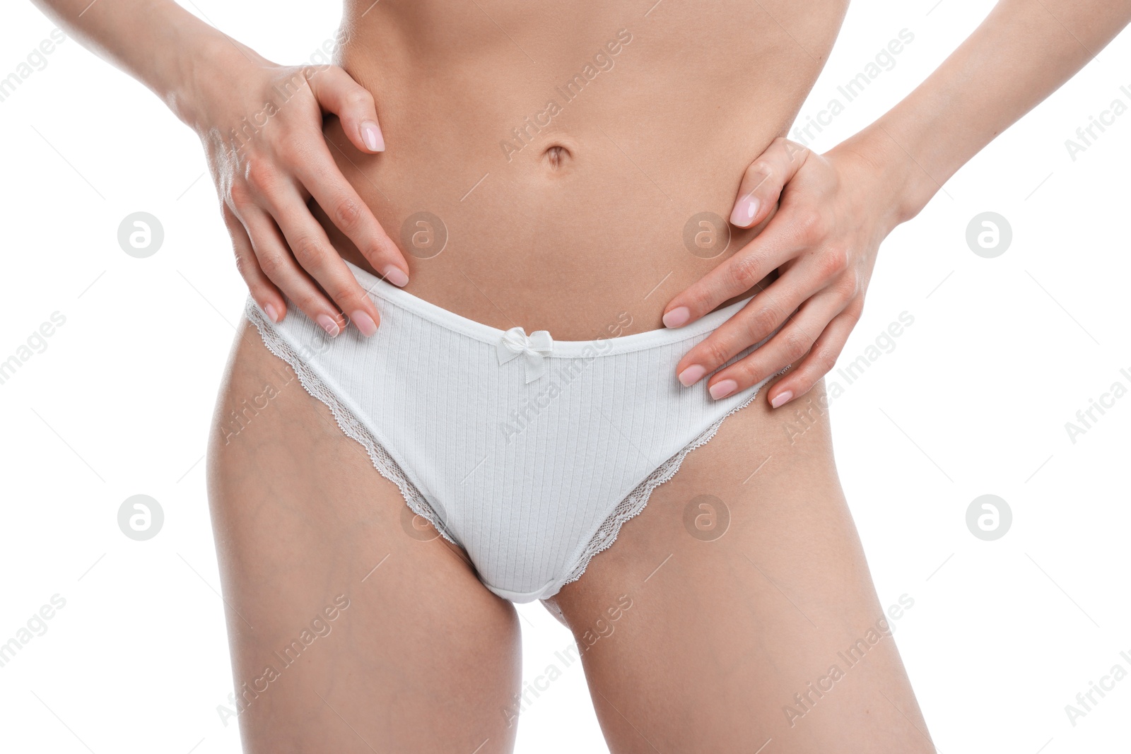 Woman wearing beautiful underwear on white background, closeup Photo of Woman wearing beautiful underwear on white background, closeup