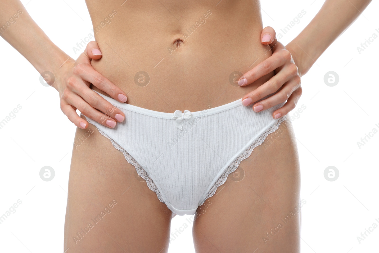 Woman wearing beautiful underwear on white background, closeup Photo of Woman wearing beautiful underwear on white background, closeup