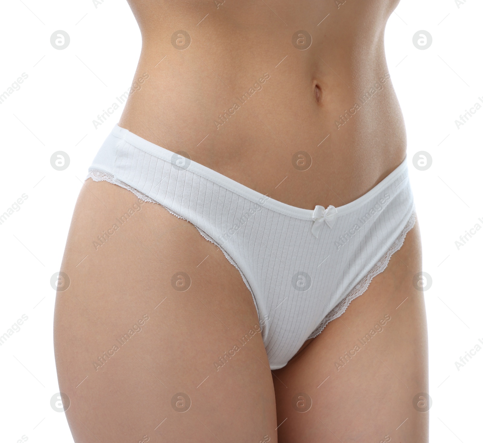 Woman wearing beautiful underwear on white background, closeup Photo of Woman wearing beautiful underwear on white background, closeup