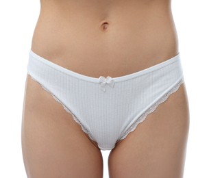 Photo of Woman wearing beautiful underwear on white background, closeup