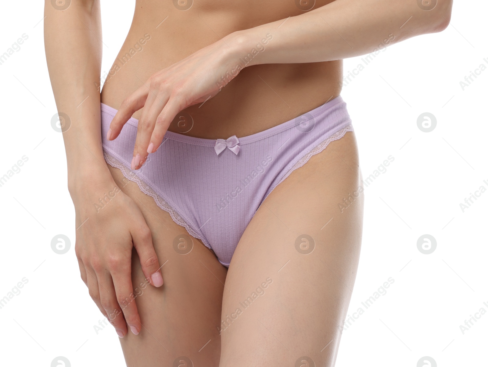 Woman wearing beautiful underwear on white background, closeup Photo of Woman wearing beautiful underwear on white background, closeup