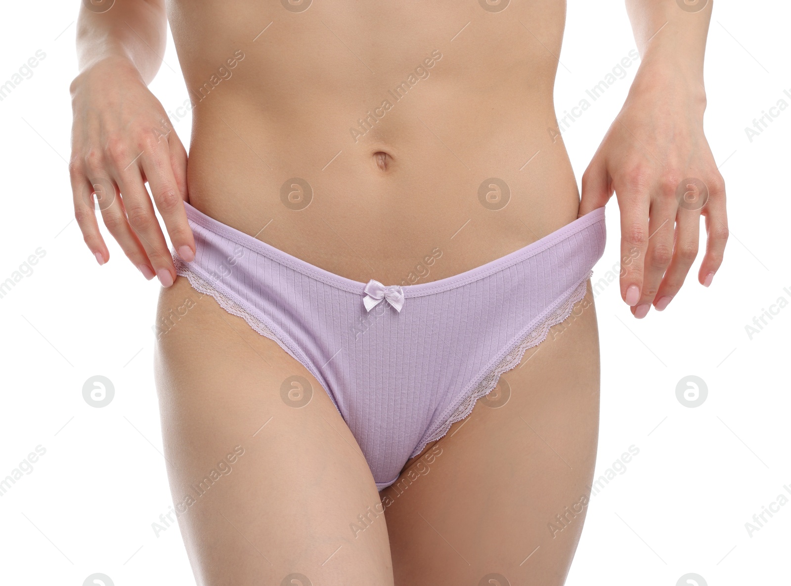 Woman wearing beautiful underwear on white background, closeup Photo of Woman wearing beautiful underwear on white background, closeup