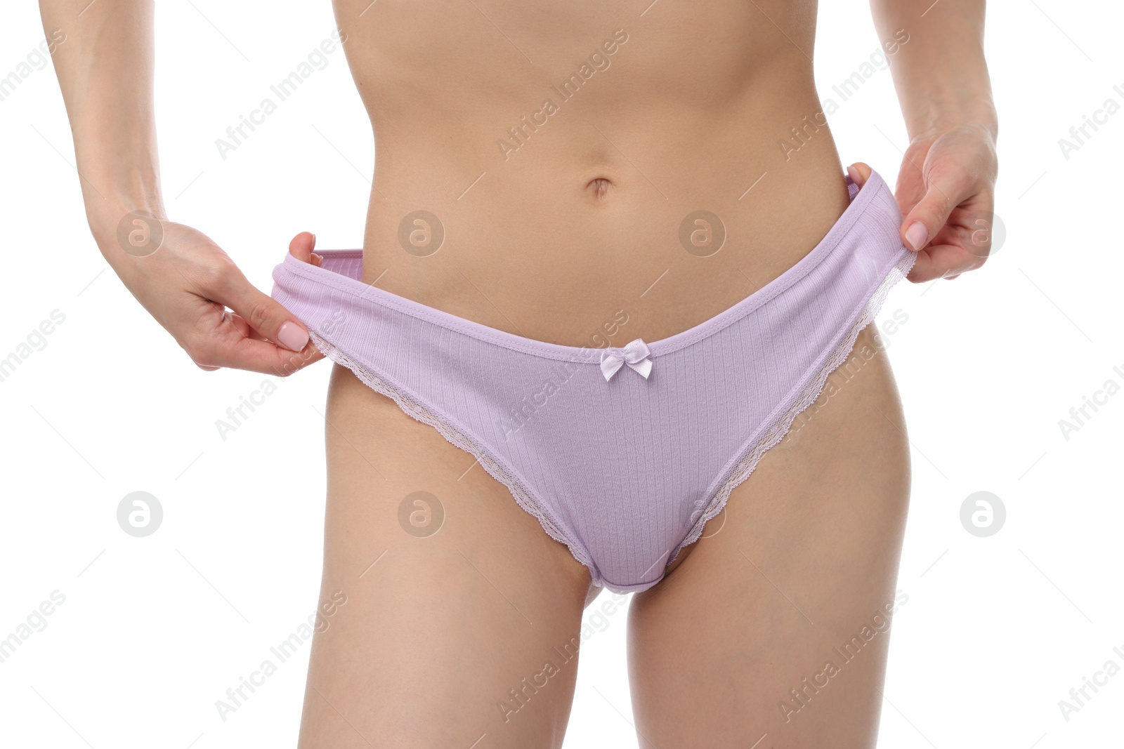 Woman wearing beautiful underwear on white background, closeup Photo of Woman wearing beautiful underwear on white background, closeup
