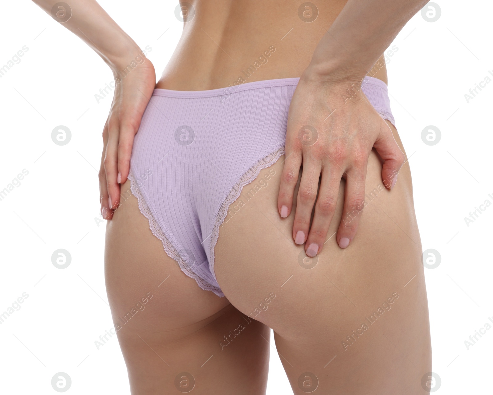 Photo of Woman wearing beautiful underwear on white background, closeup