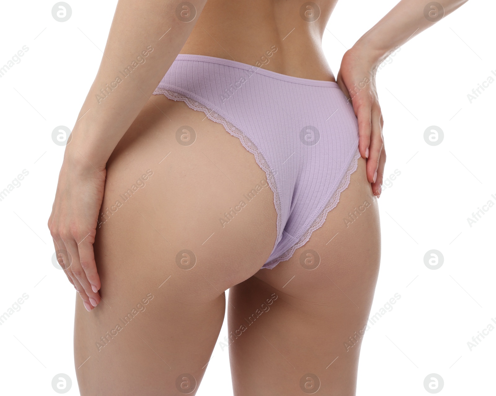 Woman wearing beautiful underwear on white background, closeup Photo of Woman wearing beautiful underwear on white background, closeup
