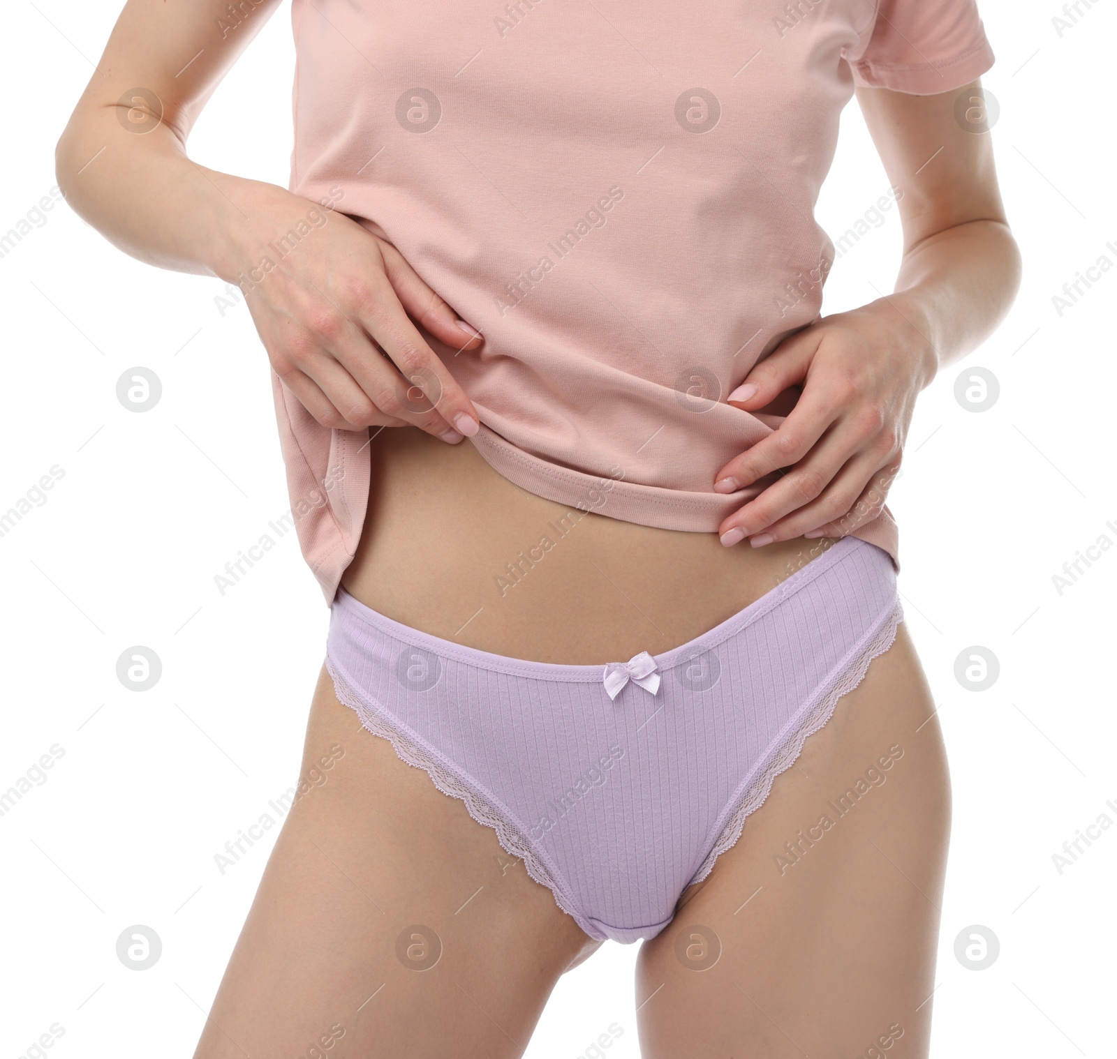Woman wearing beautiful underwear on white background, closeup Photo of Woman wearing beautiful underwear on white background, closeup