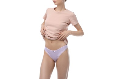 Photo of Woman wearing beautiful underwear on white background, closeup