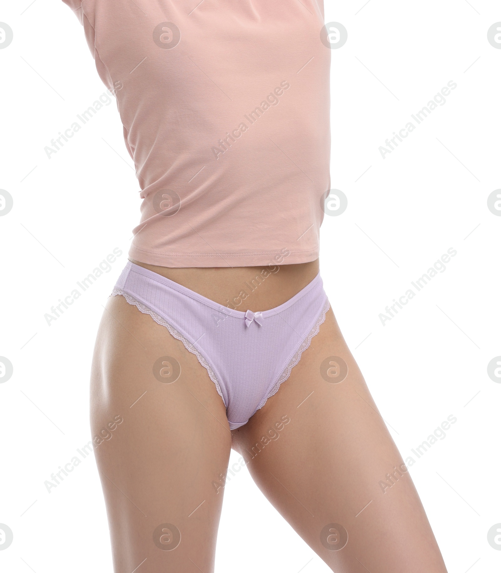 Woman wearing beautiful underwear on white background, closeup Photo of Woman wearing beautiful underwear on white background, closeup