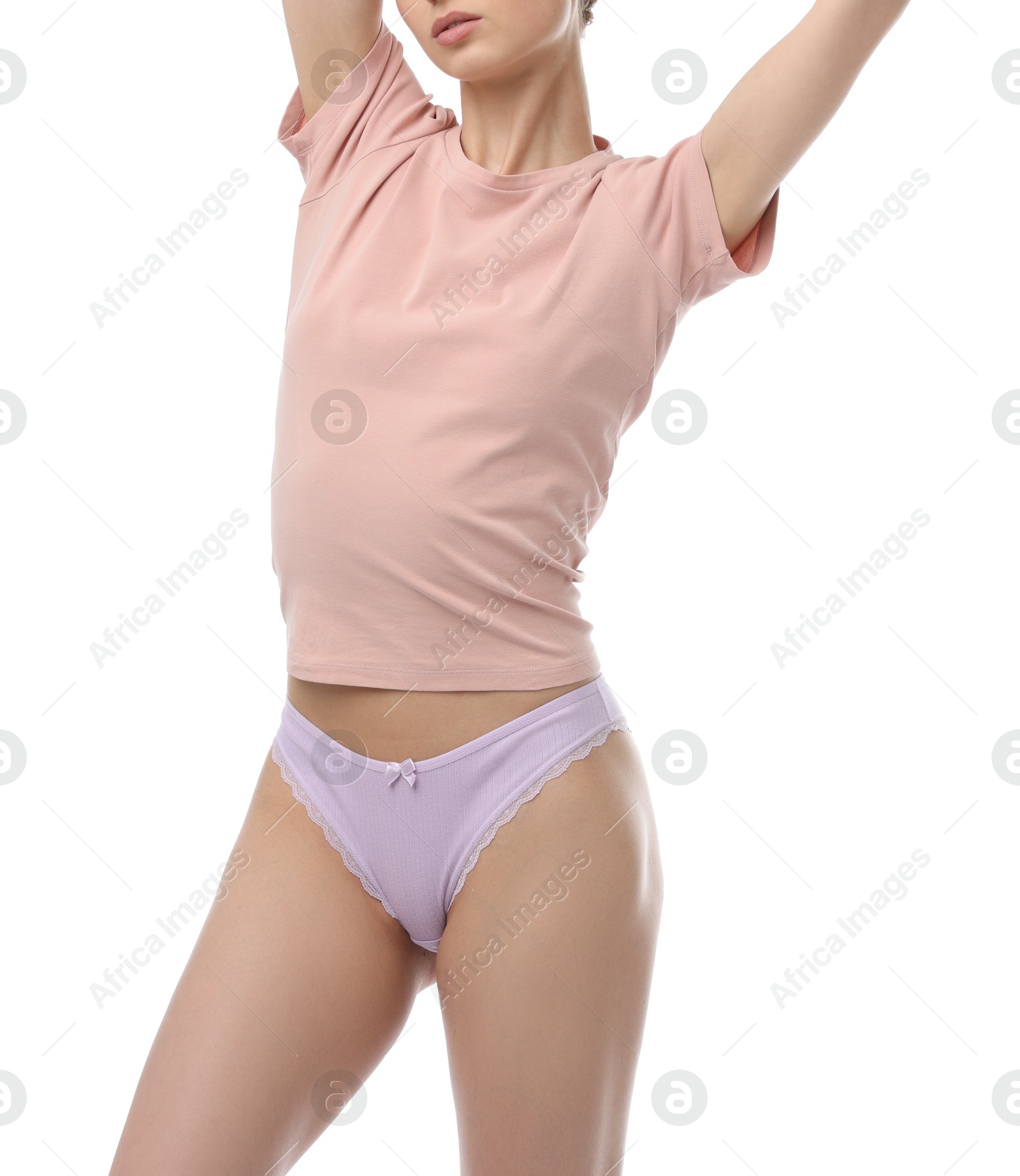 Woman wearing beautiful underwear on white background, closeup Photo of Woman wearing beautiful underwear on white background, closeup