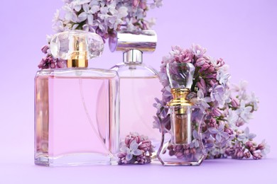 Photo of Bottles with perfumes and lilac flowers on violet background, closeup
