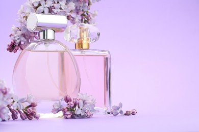 Photo of Bottles with perfumes and lilac flowers on violet background, closeup. Space for text