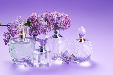 Photo of Bottles of perfumes and branch with lilac flowers on purple gradient background, closeup