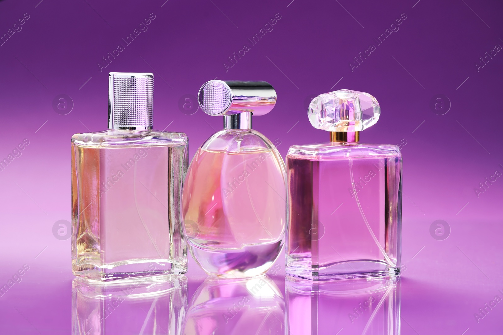 Bottles with perfumes on mirror surface against color gradient background, closeup Photo of Bottles with perfumes on mirror surface against color gradient background, closeup