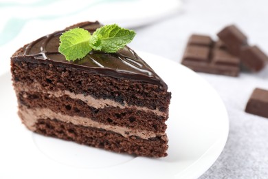 Photo of Piece of delicious chocolate cake with mint on table, closeup