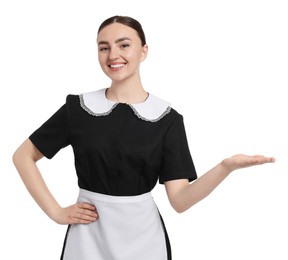 Photo of Portrait of happy chambermaid on white background