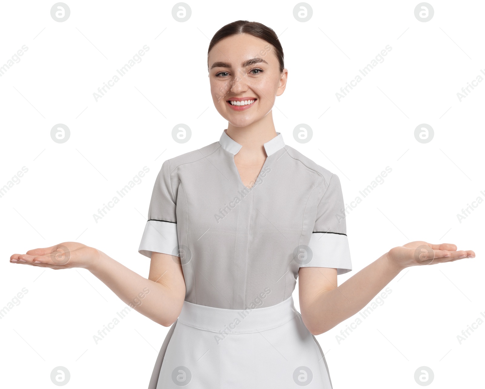 Portrait of happy chambermaid on white background Photo of Portrait of happy chambermaid on white background