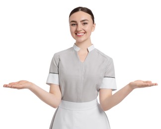 Photo of Portrait of happy chambermaid on white background