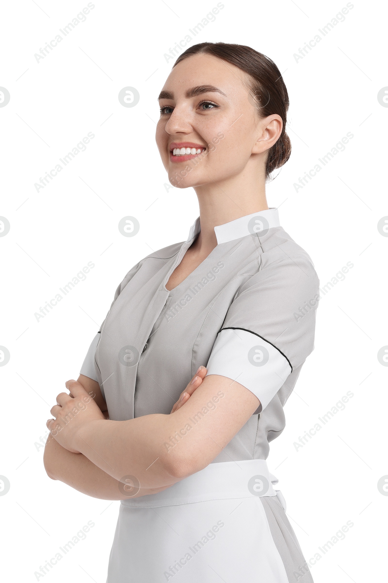 Portrait of happy chambermaid on white background Photo of Portrait of happy chambermaid on white background
