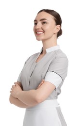 Photo of Portrait of happy chambermaid on white background