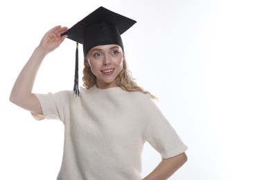 Photo of Happy student after graduation on white background. Space for text