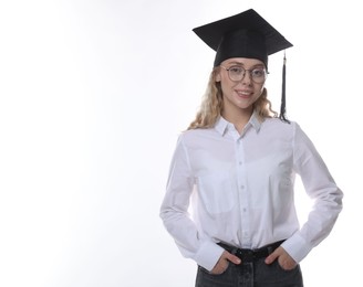 Photo of Happy student after graduation on white background. Space for text