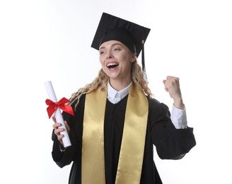 Photo of Happy student with diploma after graduation on white background