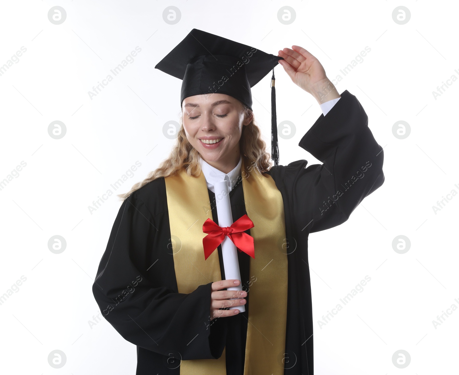Happy student with diploma after graduation on white background Photo of Happy student with diploma after graduation on white background