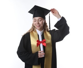 Photo of Happy student with diploma after graduation on white background