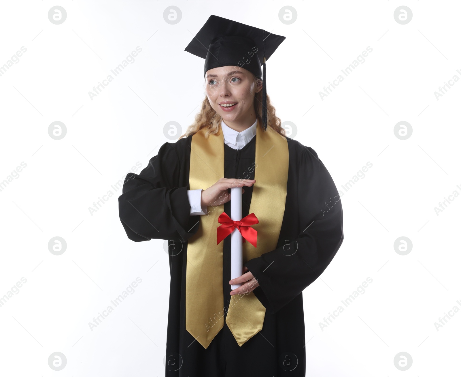 Happy student with diploma after graduation on white background Photo of Happy student with diploma after graduation on white background